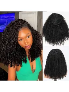 Jerry Curly Half Wig Human Hair 200% Density 3 In 1 Half Wig Glueless Wigs Human Hair Wear and Go Drawstring Seamless Flip Headband Wig for Women Beginner Friendly Natural Black Kinky Curly Wig