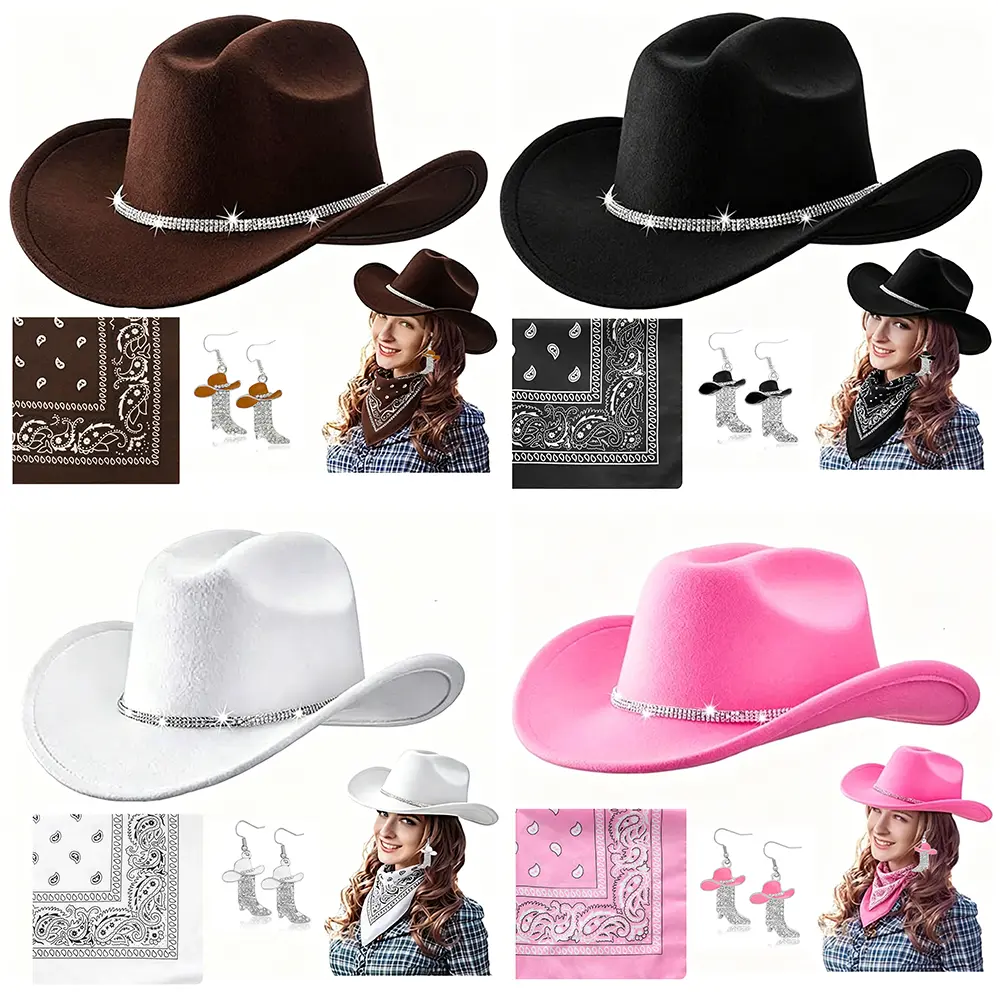 Unisex Classic Western Cowboy Hat Complete Accessories Set - Rhinestone Band, Fabric Scarf, Boot Earrings, 4 Colors Fashion Accessory Set, Styling