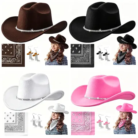 Unisex Structured Faux Felt Classic Western Cowboy Stylish Hat Accessory Set - Adjustable Paisley Fabric Scarf, Rhinestone Band, Boot Earrings, 4-Color Set for Parties