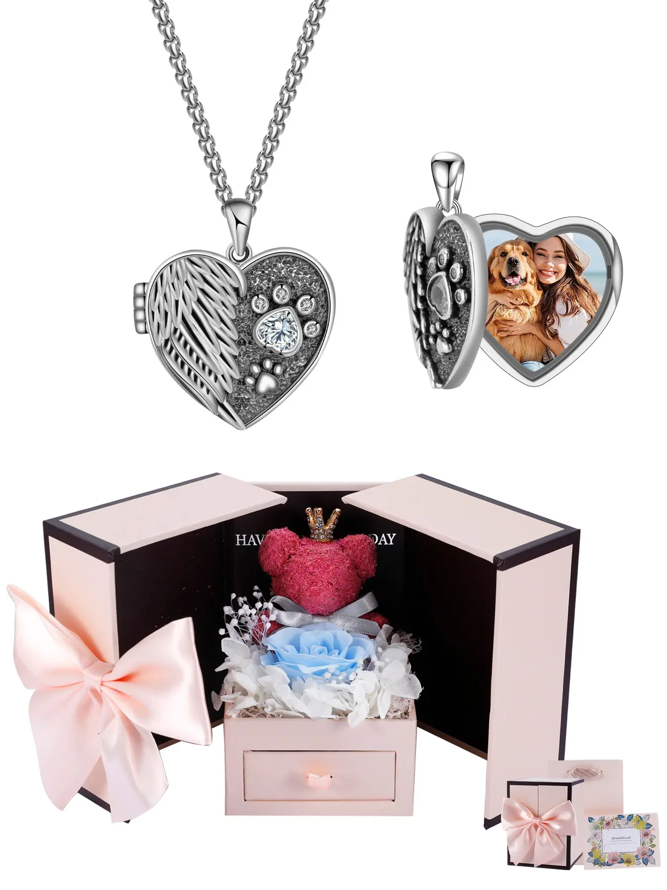 Pet Print Foot feather Locket Necklace With Moss Bear Rose Jewelry Gift Box, Memorial Custom Animal Picture Locket Necklace, Custom Picture Pendant, Birthday Christmas Exquisite Jewelry Gift for Animal Lover Girl Girlfriend, Custom Photo Necklace