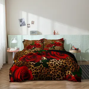 3pcs Set Valentine'S Day Rose Leopard Print Bedding Duvet Cover Set, Leopard Print Duvet Cover Set, Decorative Duvet Cover, For Bedroom Guest Room，Festival Gift (1*Duvet Cover + 2*Pillowcase, Core Not Included)