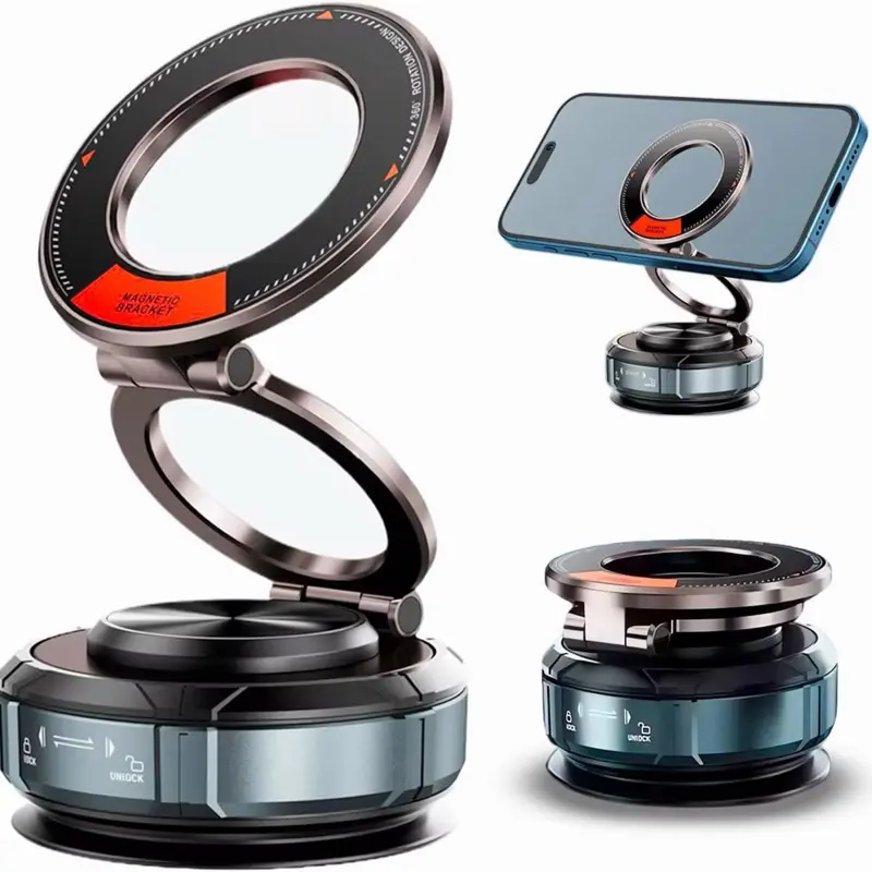 Vacuum Magnetic Car Phone Holder – 360° Adjustable Foldable Suction Mount, Compatible with MagSafe, Black & Oran