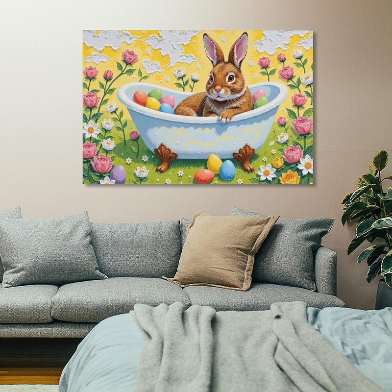 Nursery Bunny Wall Decor - Vintage Rabbit Art Print, Rustic Rabbit Lies in Bathtub Filled with Easter Eggs Poster Canvas Poster Bedroom Decor Sports Landscape Office Room Decor Gift Frames Ornaments Artistic Decoration Photo Frame-Style
