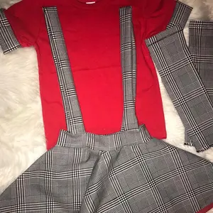 Checkers Overall Skirt Set with Trimmed Shirt and Leg Warmers Red Top & Plaid Design