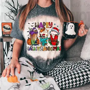 Bleached Happy Hallowthanksmas Tee—Halloween, Thanksgiving, Christmas