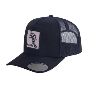 Embroidered Rugby - 5 Panel Trucker Hat - Black/Black