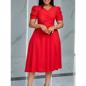 summer spring clothes Women Pleated A Line Dresses V Neck Short Sleeves Classy Elegant Office Modest African Female Church Dress Spring Fashion 2024