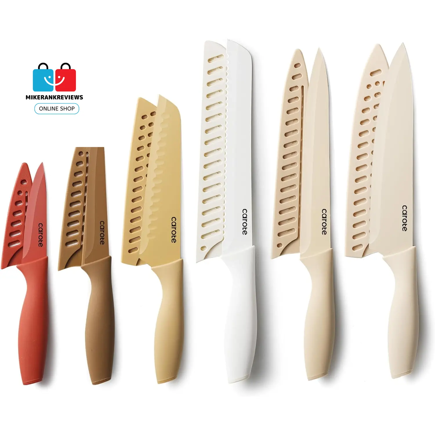 12 Pieces Kitchen Knife Set, Stainless Steel Knife Set with Nonstick Ceramic Coating, Dishwasher Safe with 6 Blade Guards, Rustproof, Brown No Brand