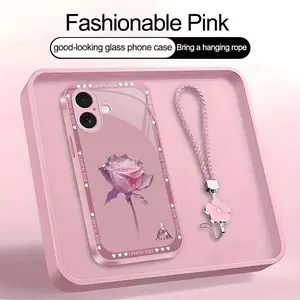 Crystal Rose Art 26 letter Phone Case, Suitable for [iPhone 17] high-end women's, Lanyard a beautiful four-leaf clover lanyard is included🍀 952