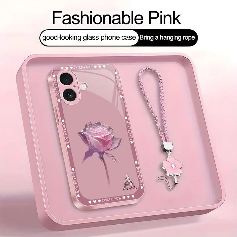 Crystal Rose Art 26 letter Phone Case, Suitable for [iPhone 17] high-end women's, Lanyard a beautiful four-leaf clover lanyard is included🍀 952