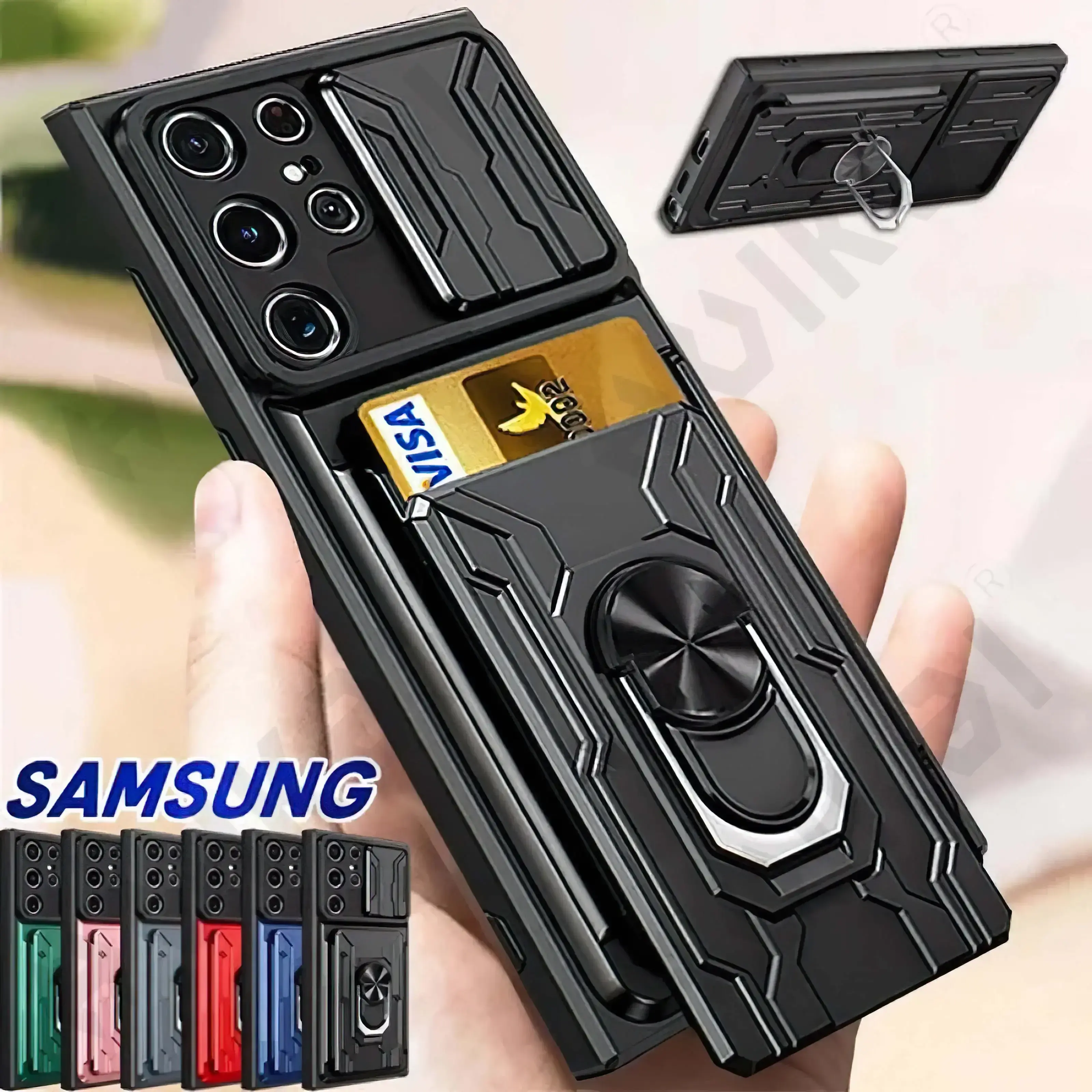 Fin Case For Samsung Galaxy S26 S25 S24 S23 S22 S21 Ultra Plus S20 FE A55 A35 A54 A14 4G 5G  Slide Camera Card Holder 360° Ring Cover, Black, Accessories, 360° Rotation