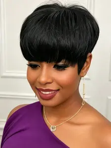 Short Layered Straight Pixie Cut Wig Human Hair Glueless with Bangs Full Machine Made For Daily Wear