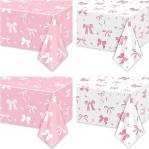 4 Pcs 51 x 86 Inch Pink Bow Table Cloths White and Pink Bow Decor for Coquette Birthday Baby Shower Party Supplies