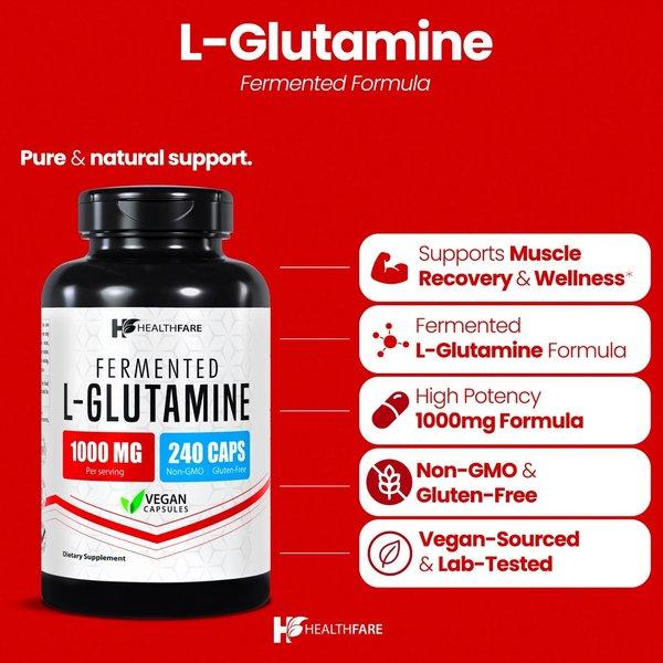 Healthfare L-Glutamine 1000mg | 240 Capsules | Amino Acid Fuel for Gut & Muscle