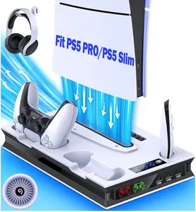 Kydlan PS5 Stand Accessories for PlayStation 5,for PS5 Pro Console/PS5 Slim Disc/Slim Digital/Disc/Digital with 3 Level Cooling Fan & Light, PS5 Vertical Stand Fast Dual Controller Charging Station with Headset Holder