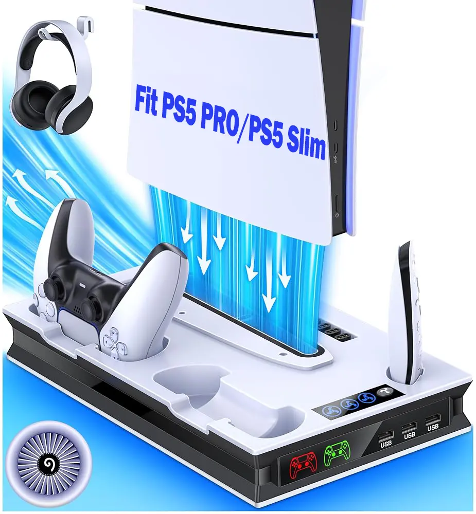 Kydlan PS5 Stand Accessories for PlayStation 5,for PS5 Pro Console/PS5 Slim Disc/Slim Digital/Disc/Digital with 3 Level Cooling Fan & Light, PS5 Vertical Stand Fast Dual Controller Charging Station with Headset Holder