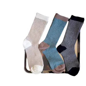 (3 Pairs) Women Striped Gold Silver Sequins Socks Korean Style East Gate Retro Long Knee High Socks Color Block Two Needle Mid Calf Hosiery