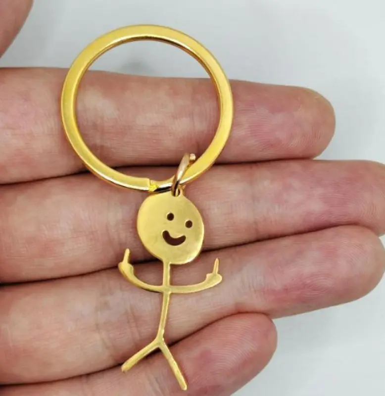 Funny Metal Doodle Middle Finger Keychain, Zinc Alloy  Keyring Stickman Key Chain Pendant for Bag Car Key, Unique Keyring Gift for Men Women-gold