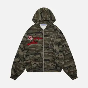 Aelfric Eden Unisex Camo Zip Hoodie Embroidered Pattern 77  Loose Street Style Y2K Oversized Sweatshirt