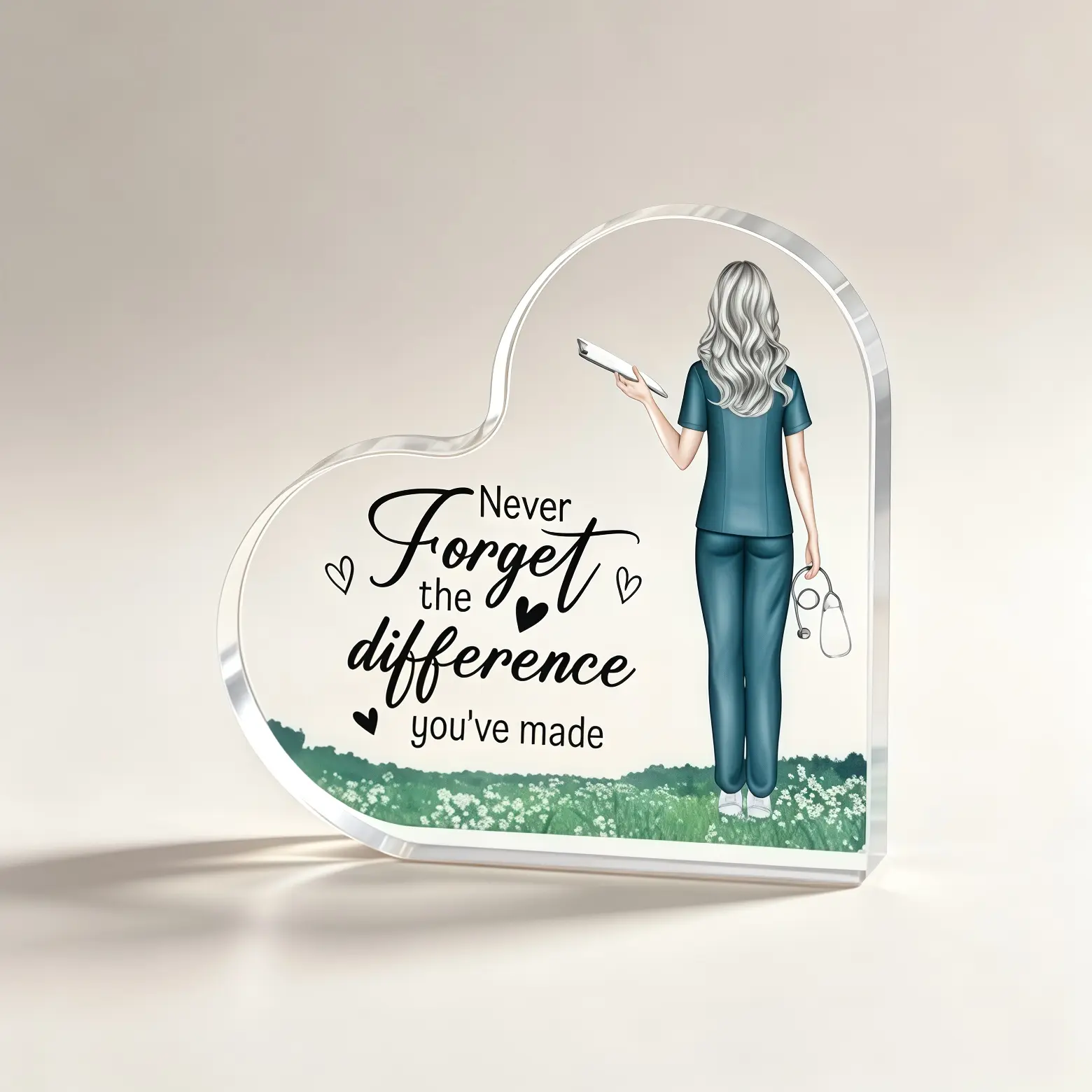 Heart Shaped Acrylic Nurse Desk Plaque Gift, Never Forget The Difference You've Made Nurse Appreciation Keepsake Sign, Thank You Present For RN LPN Nurse Practitioner, Retirement Graduation Nurses Week Christmas Birthday Healthcare Worker Desk Decor
