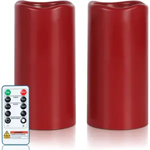 3"x6" Red Flameless Candles with Remote, Christmas  Operated Candles with Timer,  LED Pillar Candles for Thanksgiving Table, , Outdoor Decor, Plastic, Set of 2