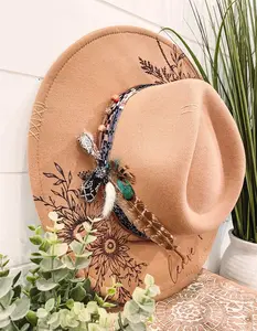 Floral Burned Hat, Floral Engraved Cowboy Hat, Sunflower Hat, Sunflower Burned Fedora, Engraved Fedora, Engraved Felt Hat, Boho Hat