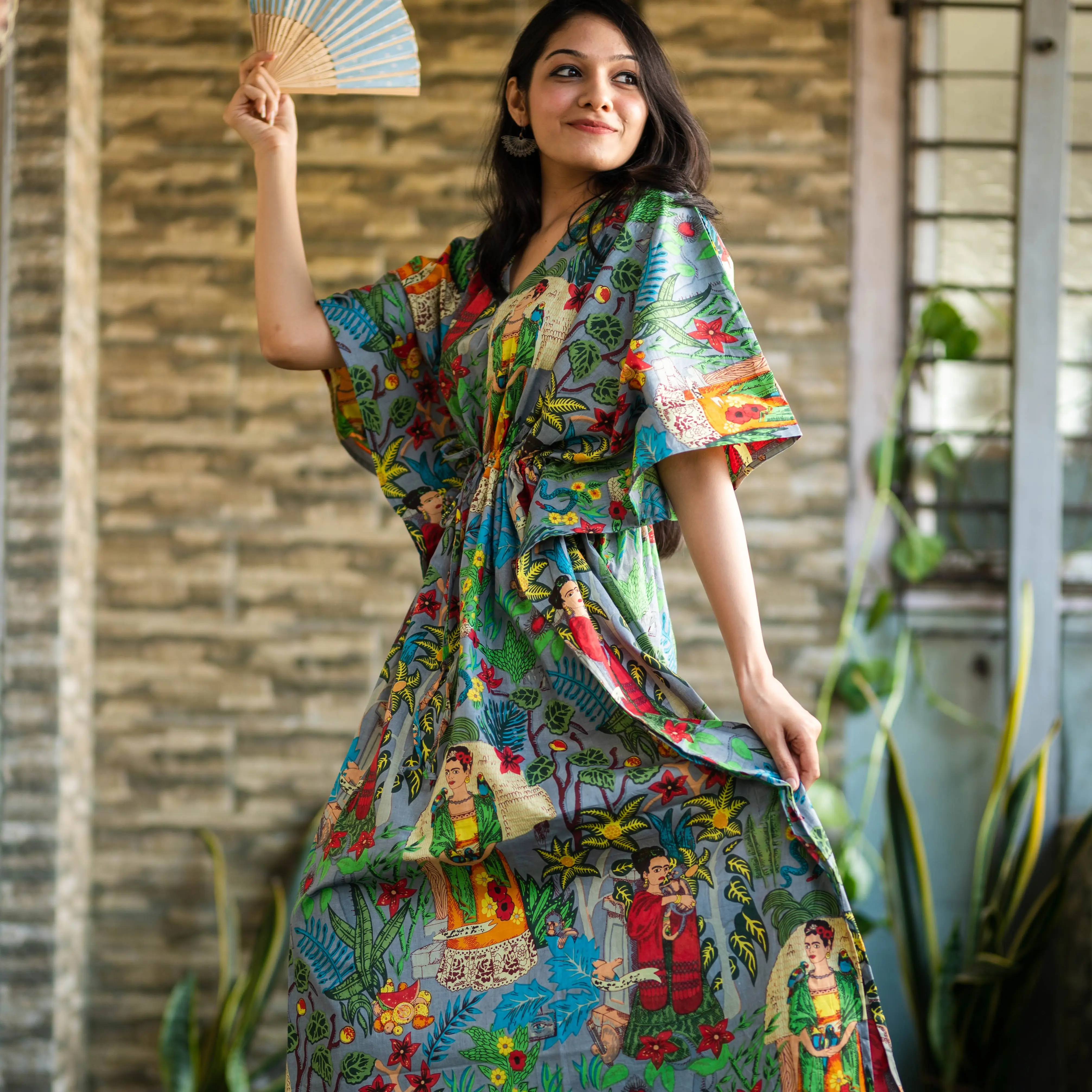 Summer Frida Kahlo Kaftan, Cotton summer wear, Holiday, Beach Cover up, loungewear kaftan Casual