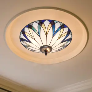 18 Inch 3-Light Head Tiffany Style Cockatoo Pattern Ceiling Light - For Living Room/Dining Room/Bedroom - E26 Base/Wall Controls