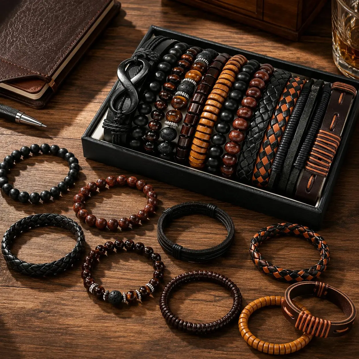 12-Piece Men’s Bracelet Set, Mixed Beaded and Leather-Look Wristband Stack with Infinity Charm, Braided Cord and Wood-Style Beads, Adjustable Casual Accessories for Everyday Wear, Birthdays and Gift Giving