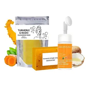 3-in-1 Turmeric Cleansing Set, Purchase a 3.53 oz Foaming Cleanser and receive 30 Exfoliating Tablets plus a 3.53 oz Soap Bar. Gently exfoliates, refines pores, and promotes a luminous complexion for daily morning and evening use