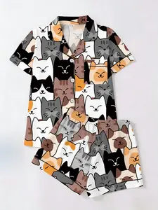 Cute Cat Pattern Sleepwear Loungewear Set, Short Sleeve & Shorts Two-Piece, Casual Fitted All-Season Wear, Practical & Stylish Home Clothing