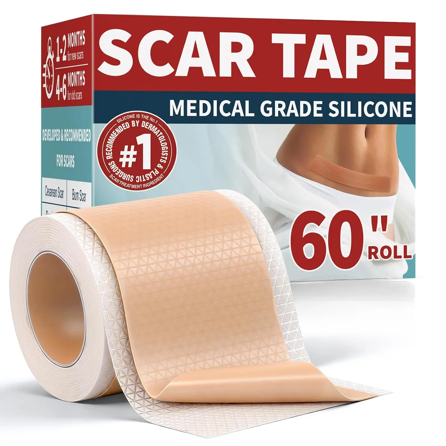 Reusable Silicone Scar Tape Roll Kit, 1.6in x 60in Easy-to-Cut First Aid Tape for Post-Surgical Care, Designed for Surgical and C-Section Scars Management