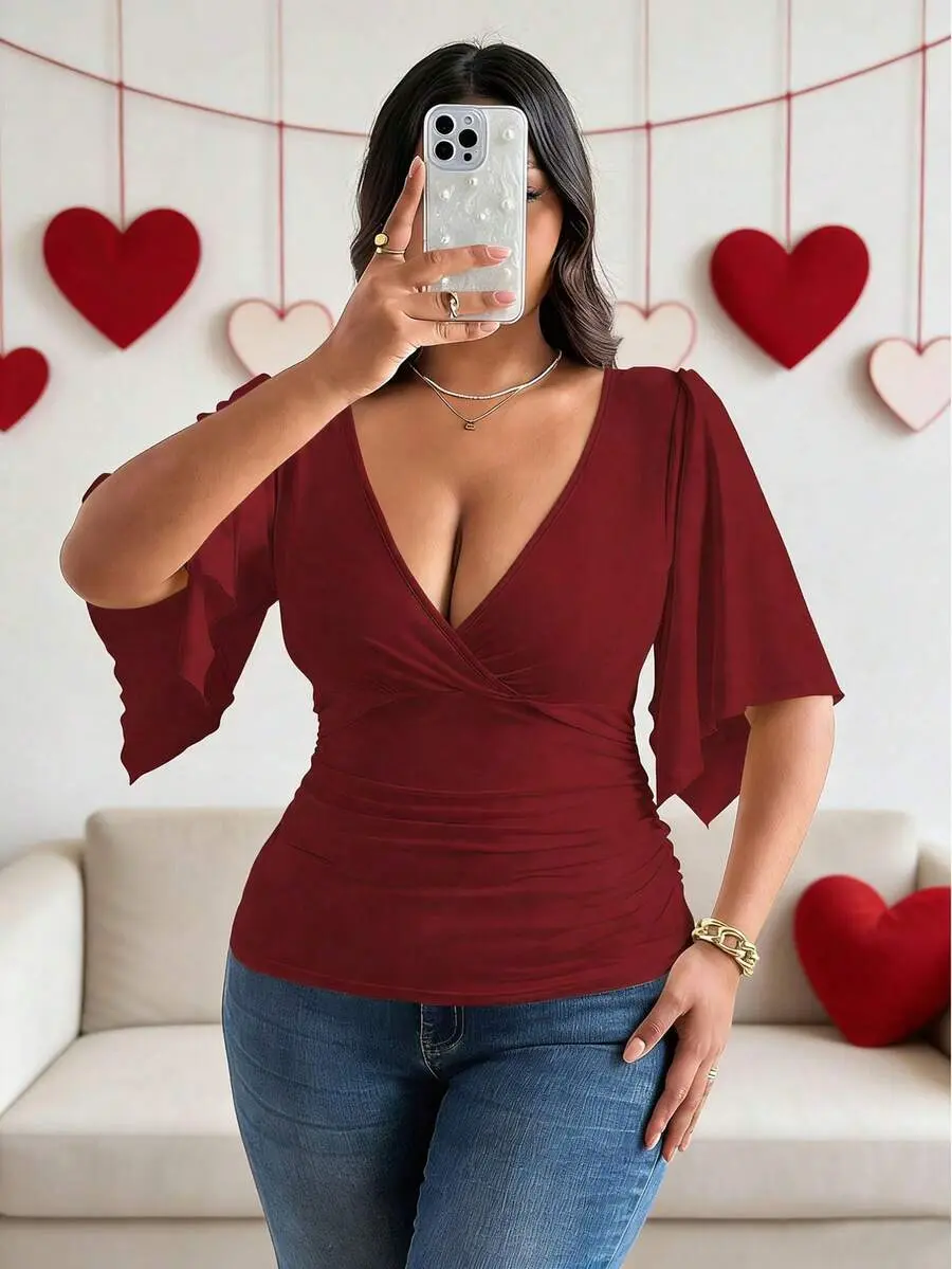 Women's Elegant Formal V-Neck Low-Cut Batwing Sleeve Fitted Top,Brown,Summer,Date Night Gym Evening Formal Wedding Guest Casual Solid Party