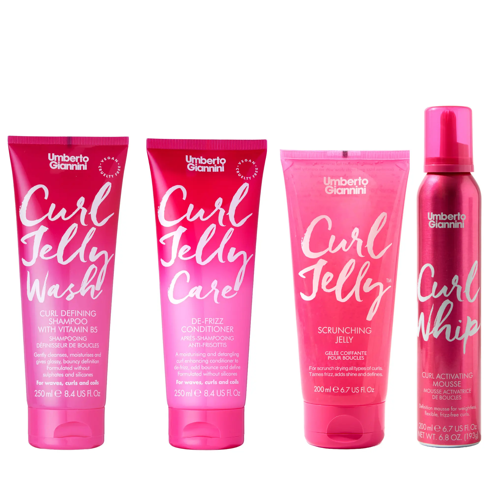 Umberto Giannini Wash & Style 4 Piece Kit - Curl Jelly Wash & Care Shampoo, Conditioner, Curl Jelly Scrunching Jelly Curl Gel & Curl Whip Curl Mousse - For Waves, Curls, Coils -