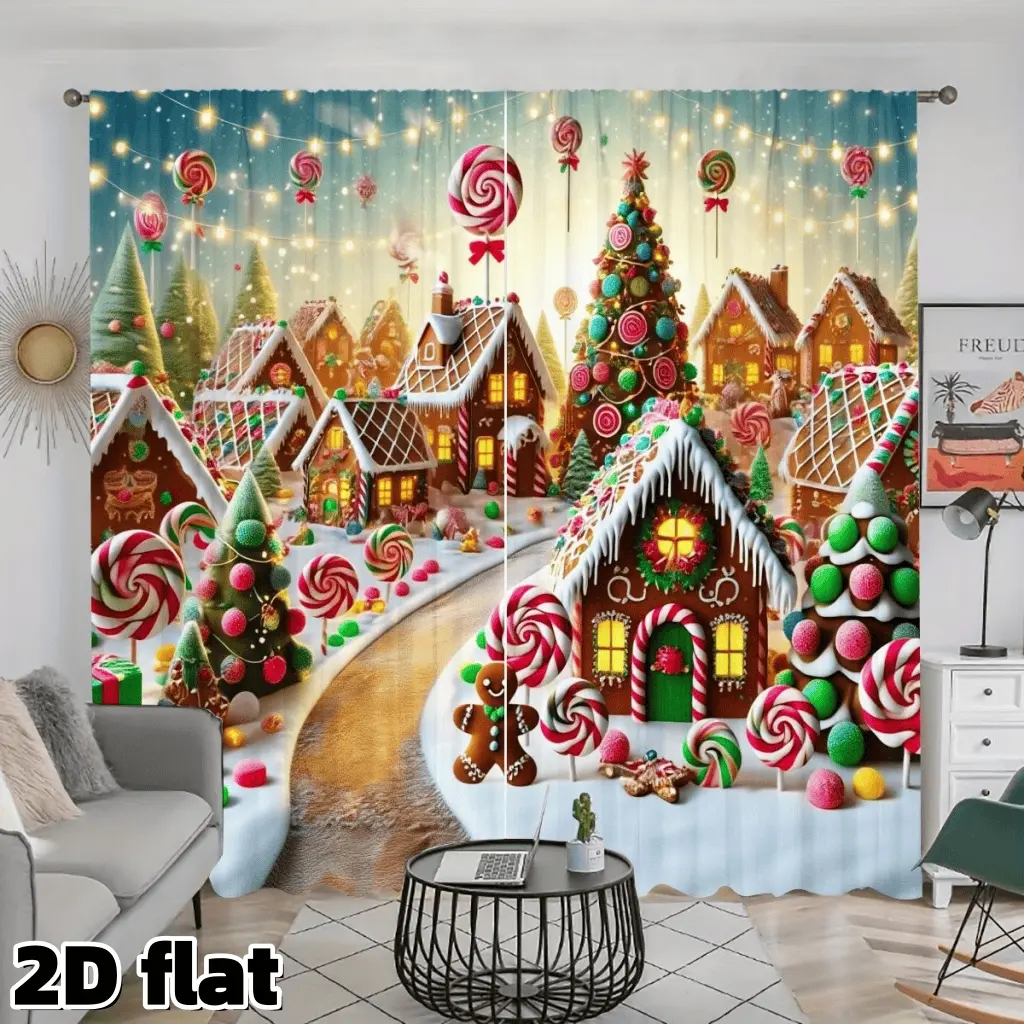 2D Flat 2Pcs Christmas Gingerbread House Candy Lollipop Printed Curtain, Festive Holiday Theme Window Drapes, String Light Pattern, Semi Sunshade Rod Pocket Style, for Living Room Bedroom Kitchen Decoration, Christmas Gift Window Accessory