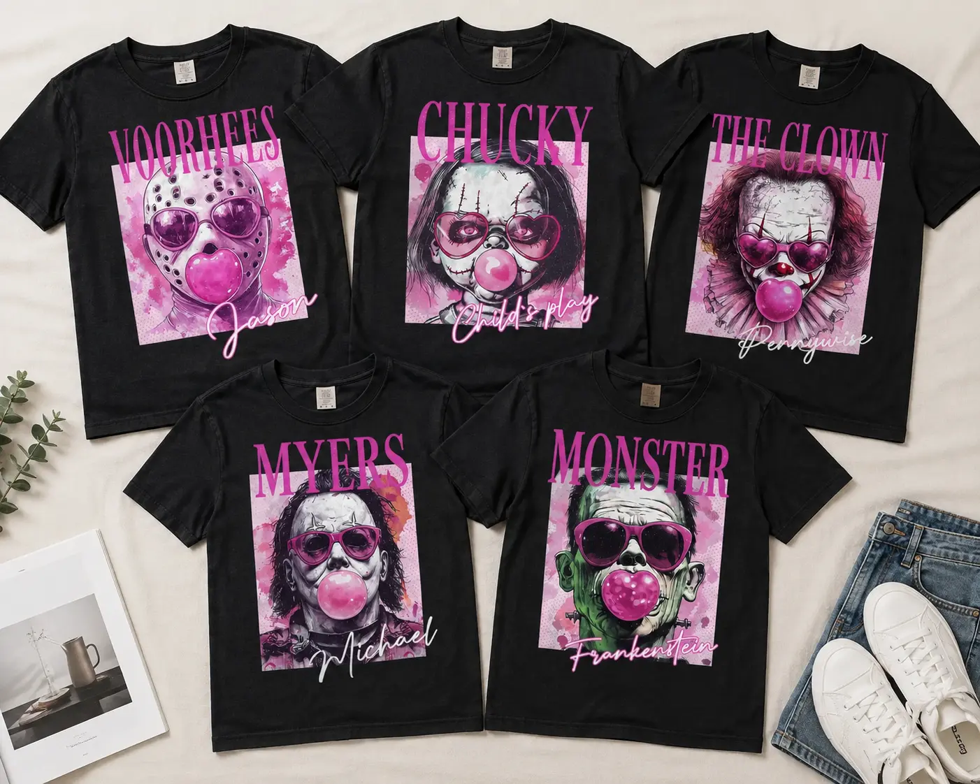 Vintage Horror Bubblegum Graphic T-Shirt, Retro Spooky Monster Tee, Pink Aesthetic Halloween Shirt