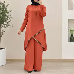 Women Eid Muslim Ensemble Solid Blouses Wide Leg Pants Ramadan Morocco Two Pieces Dubai Kaftan Loose Modest Set