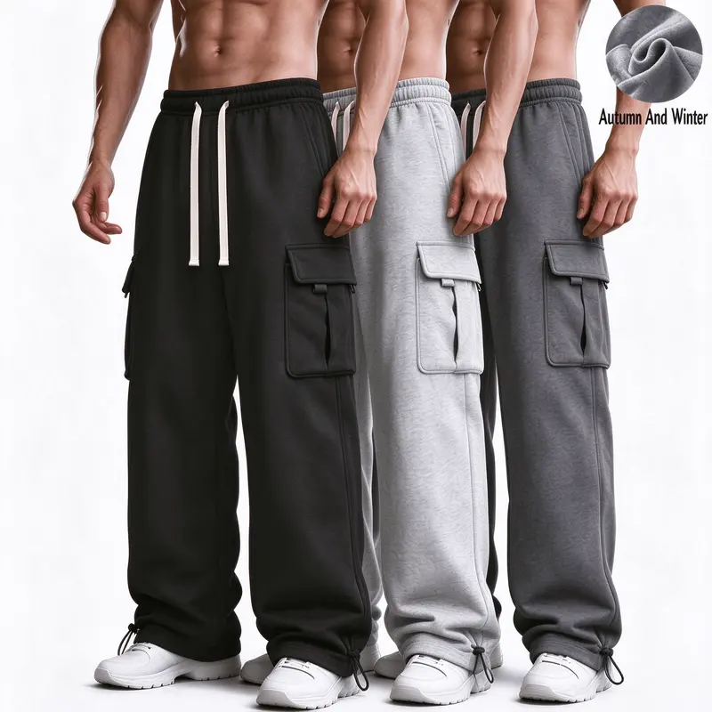 Men's Solid Color Loose-Fitting Sweatpants - Drawstring Waist, Straight Leg, Pockets, Comfortable Activewear for Autumn Winter, Commuting | Menswear Bottoms