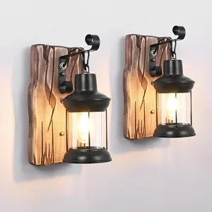 Rustic Wall Light Fixtures Vintage Wall Sconces Sets of 2 Farmhouse Antique Wooden Lamp with Clear Glass Indoor Lighting Black Bedside Sconces Lighting for Bar Cafe Barn Stairs