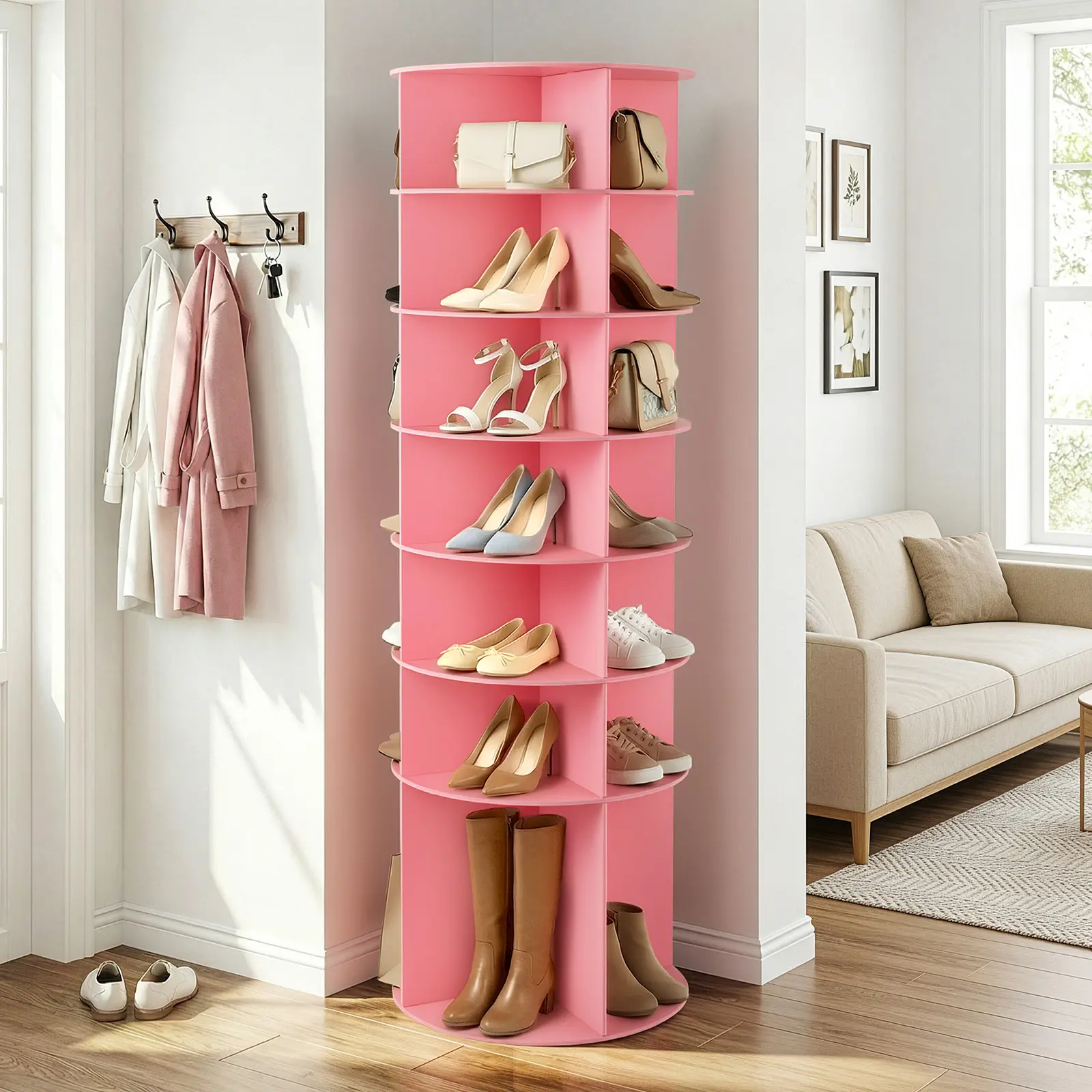 7-Tier Rotating Shoe Storage Tower, 360 Degree Revolving Wood Plastic Composite Shoe Organizer, Freestanding Vertical Multi-Cubby Display Rack For Entryway Bedroom Shoe & Handbag Storage