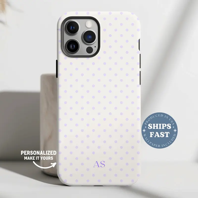 Personalized Purple Polka Dot Phone Case for iPhone 17 16 15 14 13 Initials iPhone Case Polka Dot Phonecase Monogram Custom Phonecase Purple