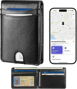 Premium Leather Mens Wallet, Works with Apple Find My, RFID Blocking Smart Wallet for Men, Holds up to 10 Cards, Slim Bifold Credit Card Holder with Cash Slot, Wireless Rechargeable