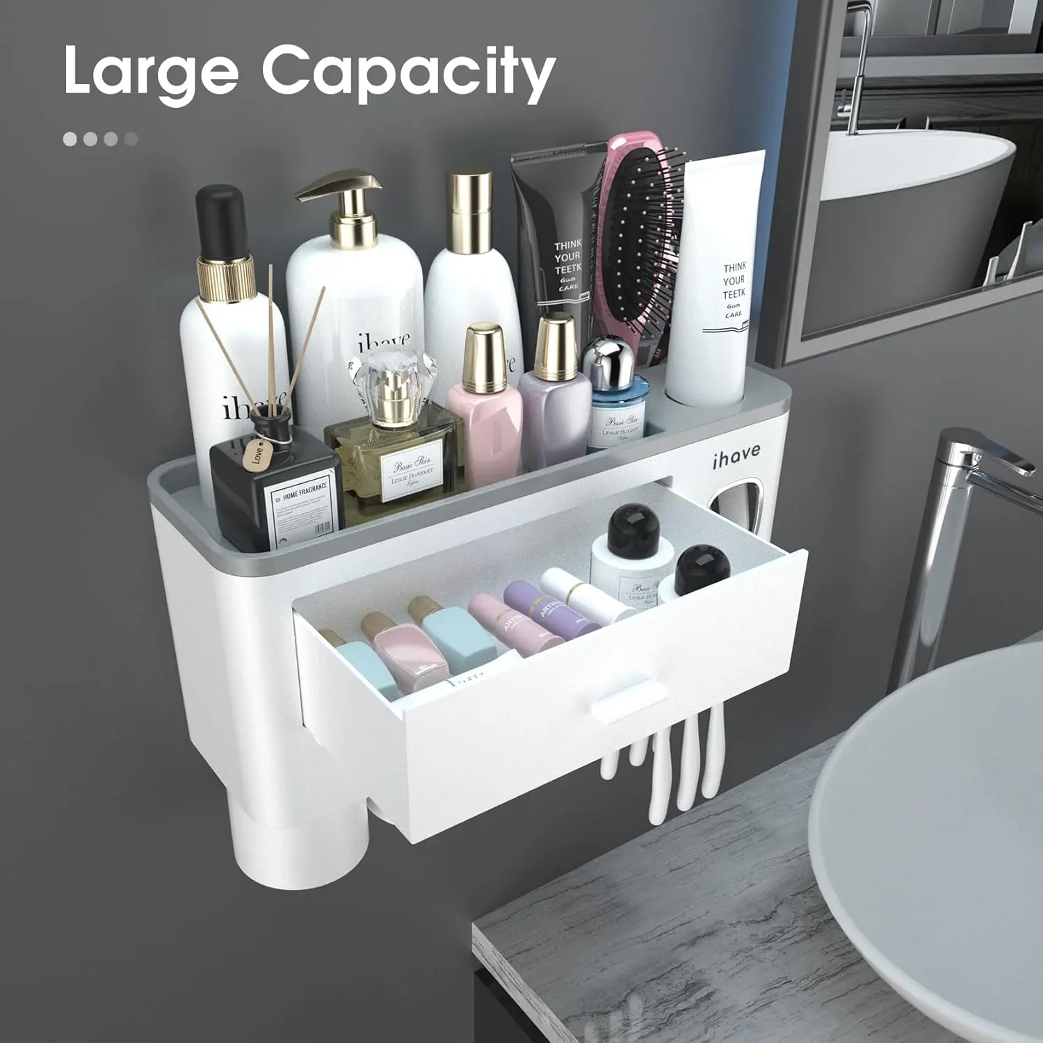 Wall-Mounted Toothbrush Holder with 3 Cups & Toothpaste Dispenser – Large Capacity Tray with Cosmetic Storage Drawer for Bathroom Organization