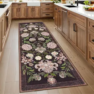 GARVEE Botanical Floral Plum Rug, Washable, Non-Slip, Black and Dark Purple, 2x6 Inches, Ideal for Hallways, Bohemian Style, Bedroom, Long Soft Entryway Carpet