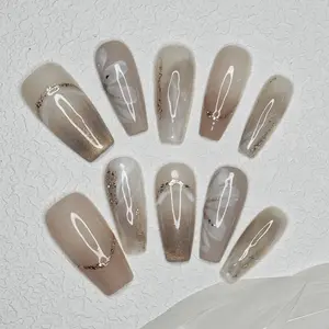Ethereal Touch Nude Gradient Press-On Nails – Hand-Painted Medium Coffin Design with Glitter Ombre Accents for Weddings & Holidays