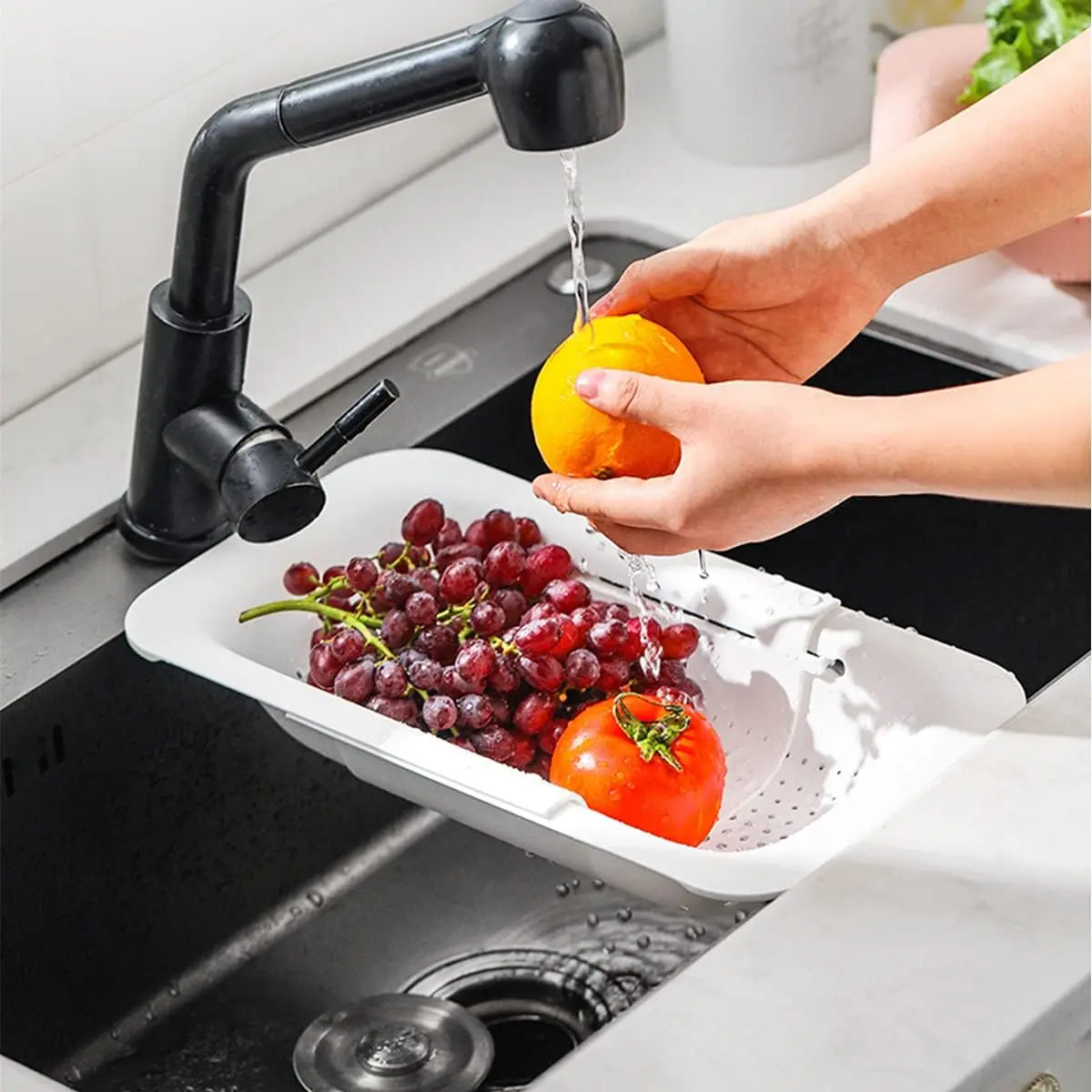 Expandable Collapsible Kitchen Sink Drain Basket, Foldable Vegetable Strainer Colander, Fruit and Vegetable Washing Basket with Drain Rack, Space Saving Kitchen Storage Organizer, dealsforyou#SummerWins