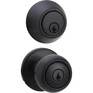 Basics Exterior Door Knob With Key Lock and Deadbolt, Coastal, Matte Black