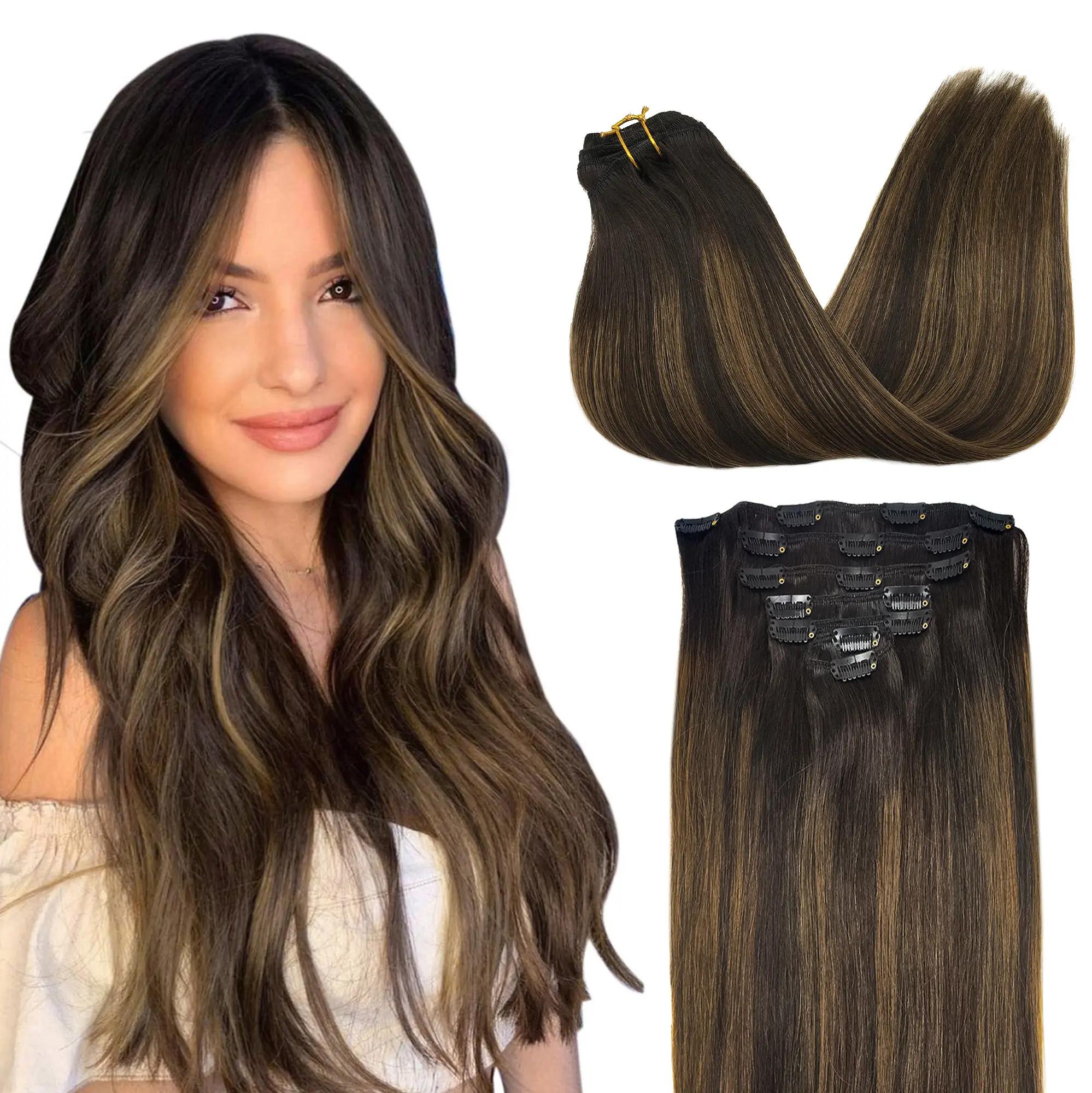 GOO GOO Clip in Human Hair Extensions Premium Quality Straight Remy Hair, 14-24inch 7/9pcs 120-170g, Quick Wear