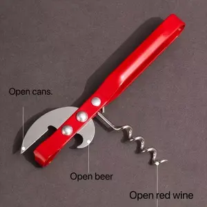 Portable 3-in-1 Bottle Opener, Can Opener and Wine Bottle Cutter - Stainless Steel Multi-Tool with Ergonomic Red Handle for Beer, Wine, and Canned Drinks, Beer Accessories