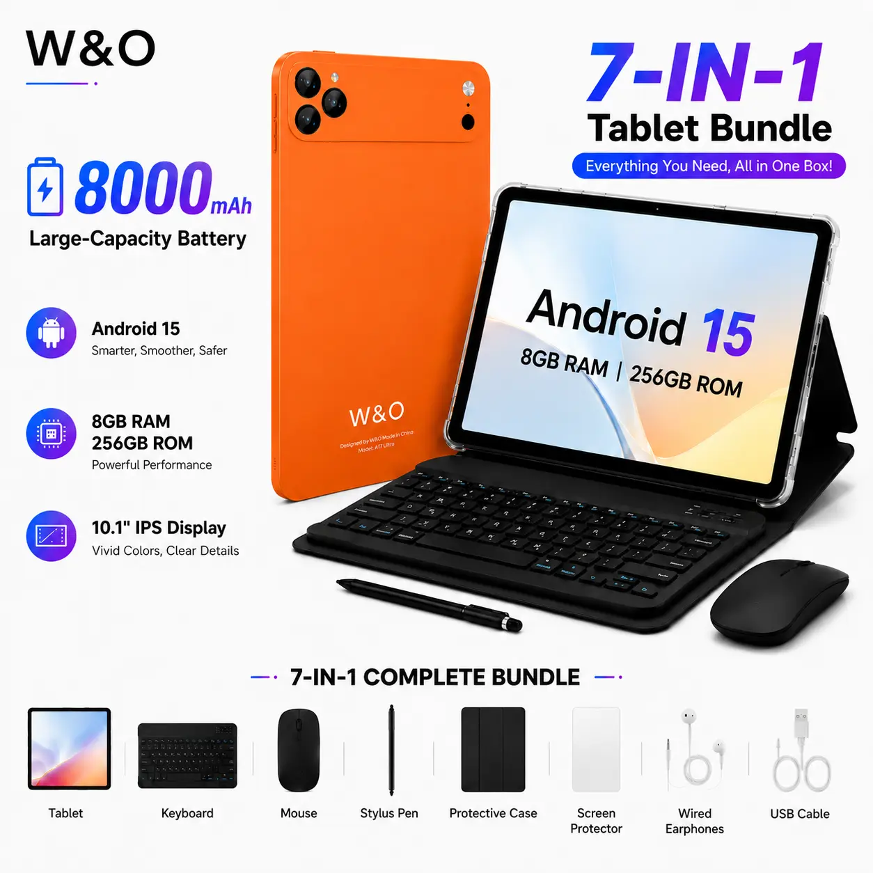 W&O X17 Ultra 7-in-1 Tablet Bundle, 10.1" Android 15 Tablet, 8GB RAM + 256GB ROM, Keyboard Mouse Stylus Case Included, 16MP Rear + 5MP Front Camera, 8000mAh Battery, Portable Tablet for Students, Work, Online Classes & Entertainment cam dual